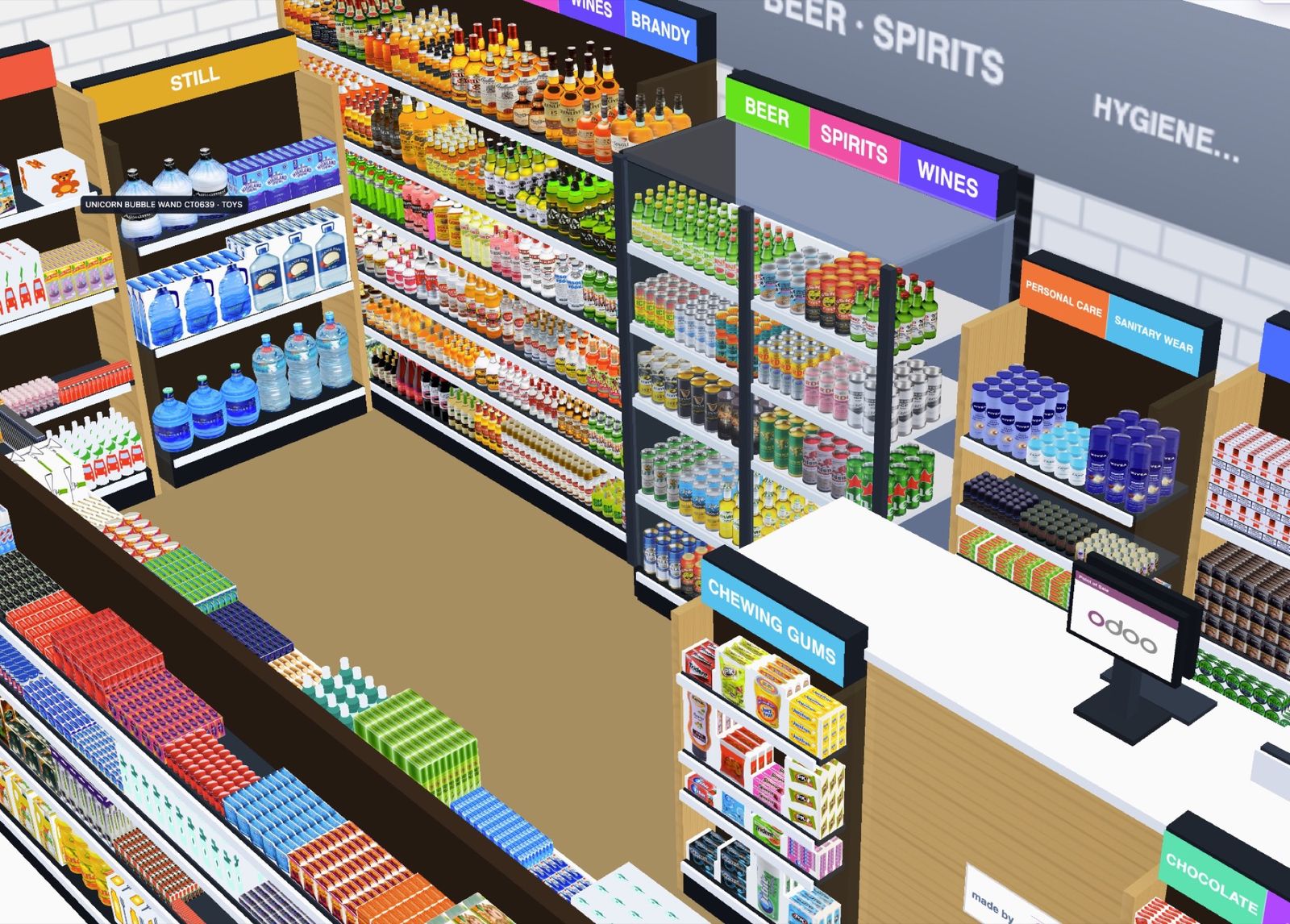 La boutique en 3D — rayons, frigos et caisse