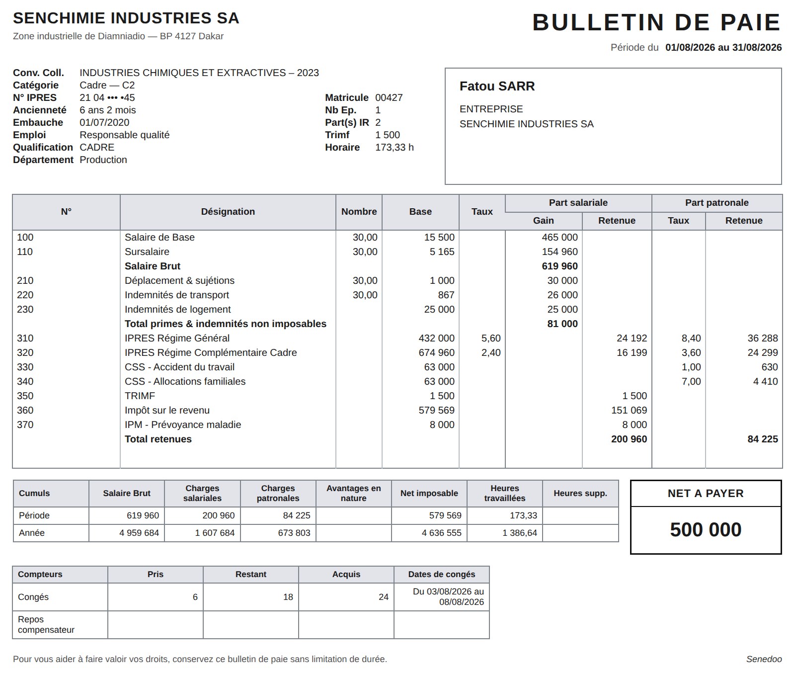 A Senegalese payslip produced by the ToolBox — IPRES, TRIMF, IPM, CSS, CFCE (fictitious employee)