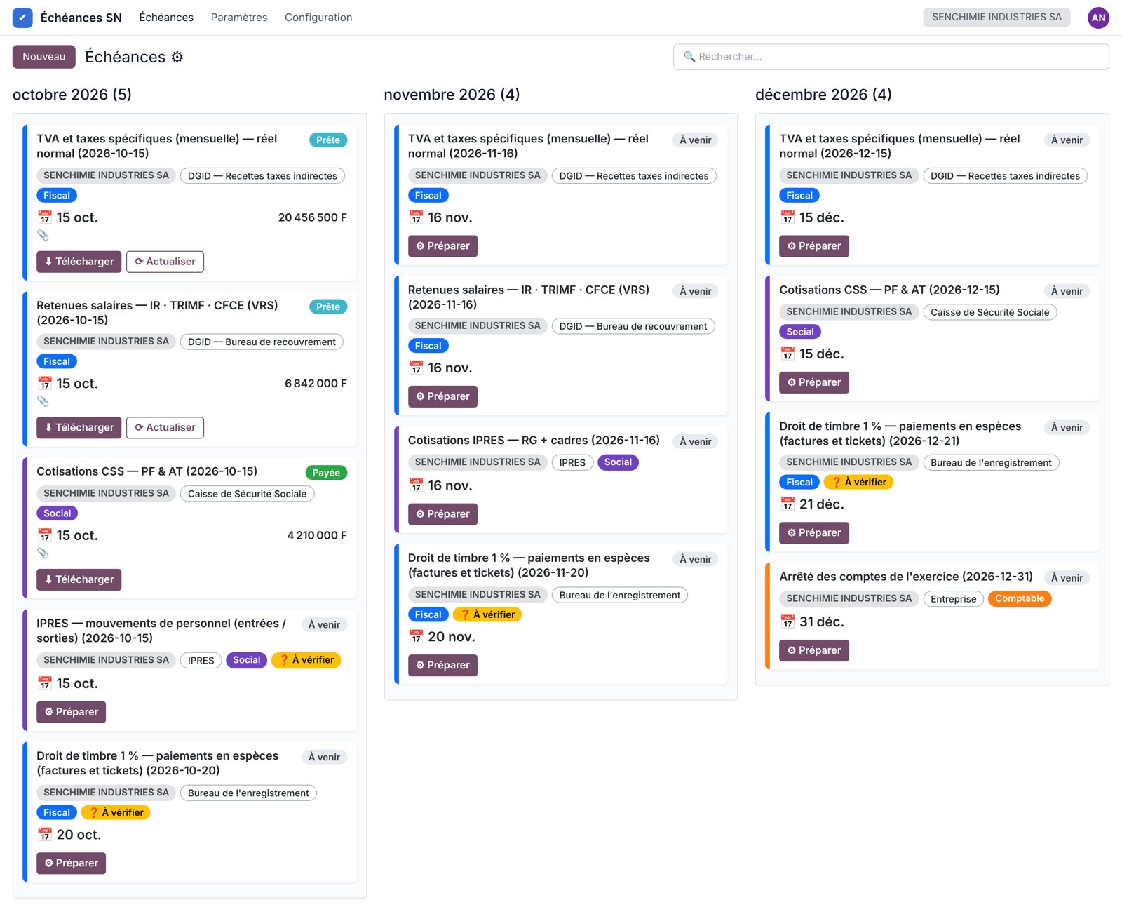 Les échéances mois par mois : « Préparer » calcule la déclaration depuis le rapport Odoo de la période, joint le PDF et passe l'échéance à « Prête » ; « À vérifier » signale une date du référentiel à confirmer — société fictive