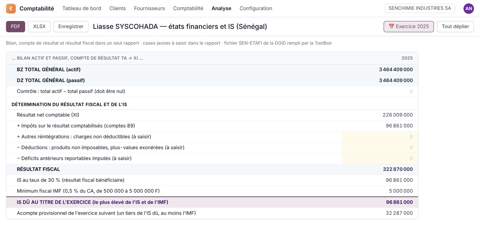 La liasse SYSCOHADA : bilan et compte de résultat contrôlés, puis du résultat comptable au résultat fiscal et à l'IS dû ; la ToolBox en remplit le fichier SEN-ETAFI de la DGID