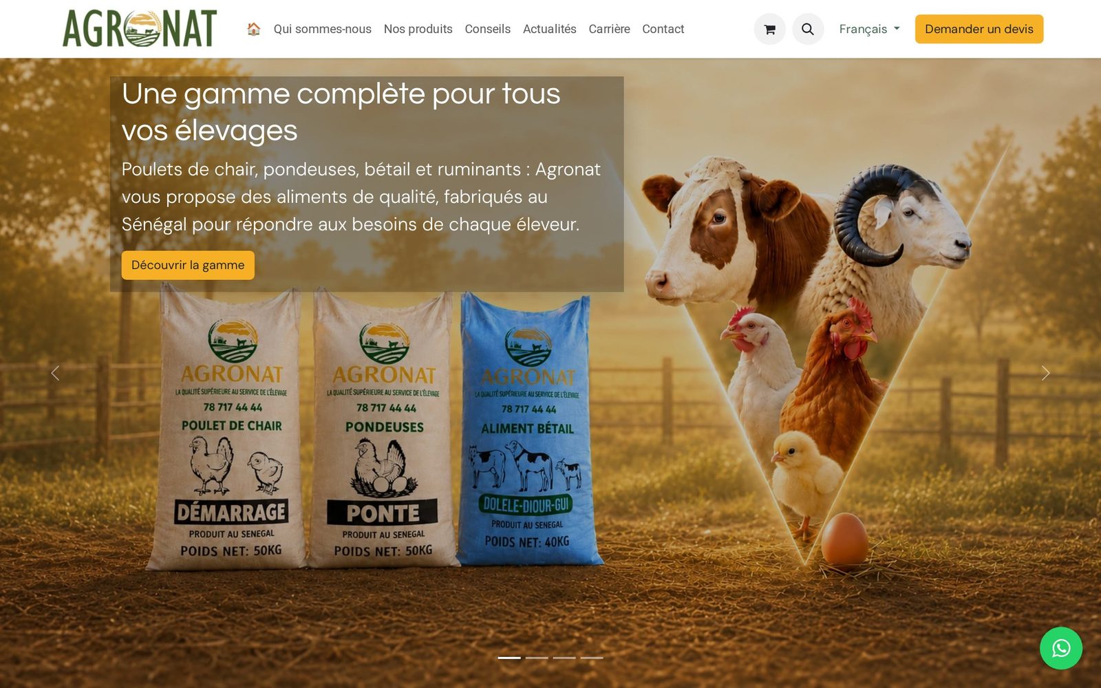 L'accueil d'Agronat sur Odoo : bannière, gamme par espèce, bouton « Demander un devis » toujours visible.