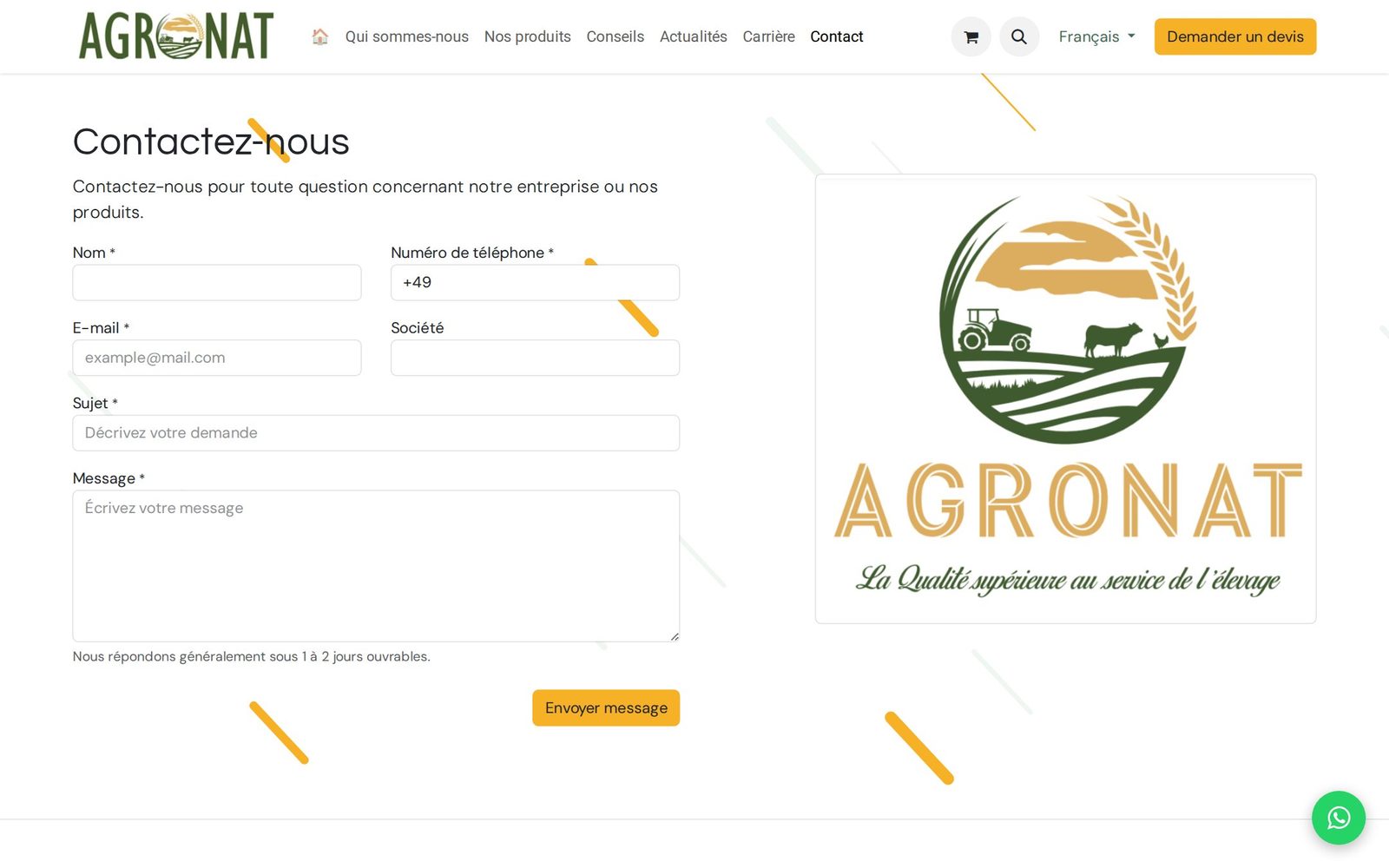 Le bouton « Demander un devis » d'Agronat ouvre un formulaire : nom, téléphone, e-mail, société, sujet et message.