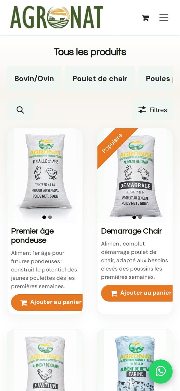 Agronat : catégories en pastilles, panier en un geste.