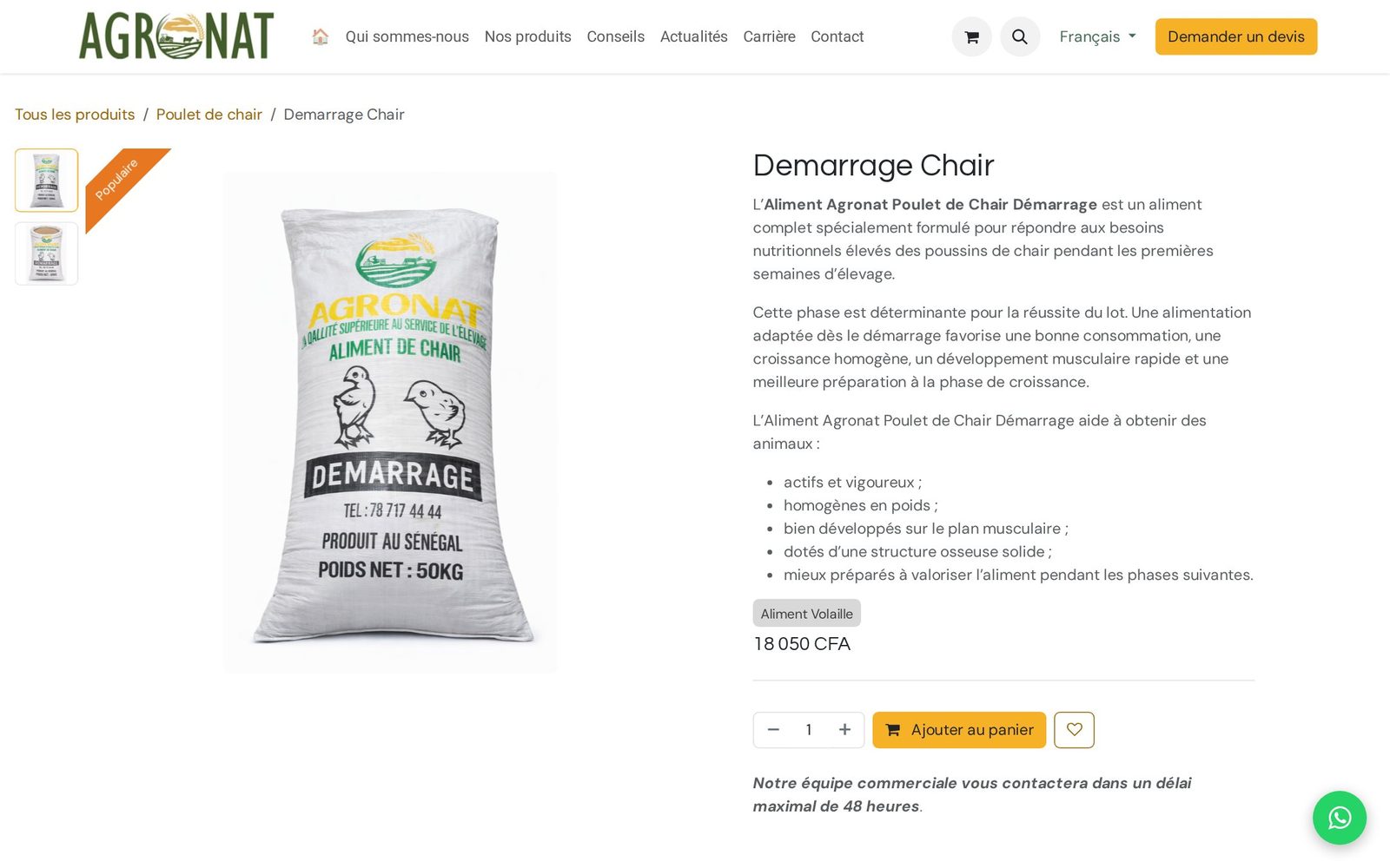 Agronat : la fiche de l'aliment Démarrage chair, sac de 50 kg, et l'engagement « notre équipe commerciale vous contactera dans un délai maximal de 48 heures ».