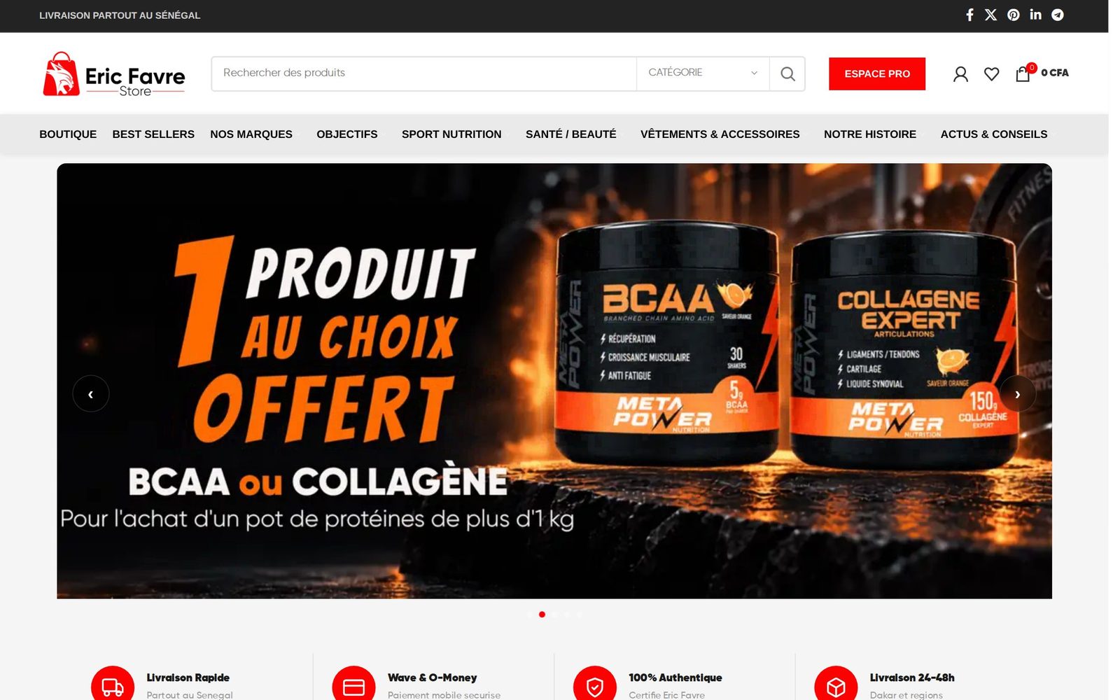 L'accueil d'Eric Favre Store, en migration vers Odoo : recherche par catégorie, menu par marque et par objectif, bannière de l'offre du moment.