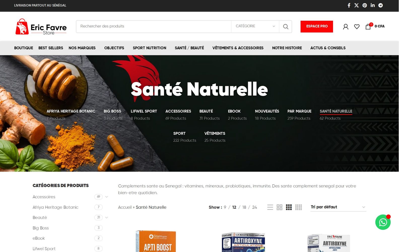 Eric Favre Store, dont le site passe sur Odoo : la catégorie Santé naturelle, ses sous-catégories et le nombre de produits de chacune.