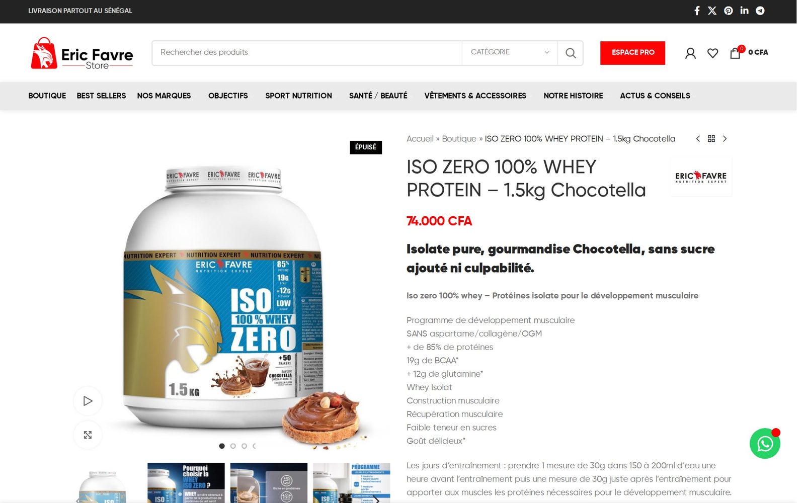 La fiche Iso Zero d'Eric Favre Store : galerie de photos et vidéo, ruban « Épuisé » sur la saveur en rupture, prix et description.