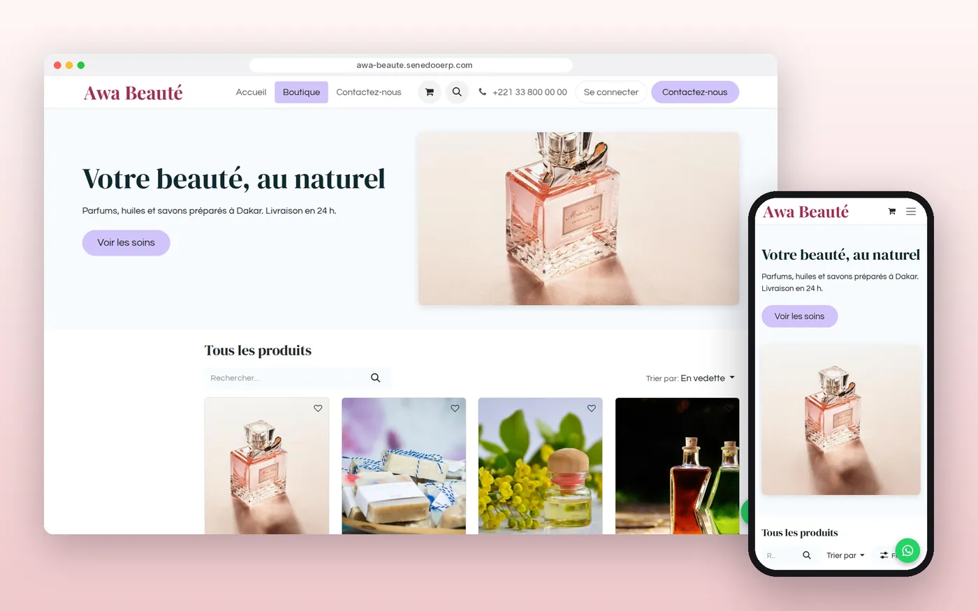 Modèle de site « Beauté » sur ordinateur et téléphone