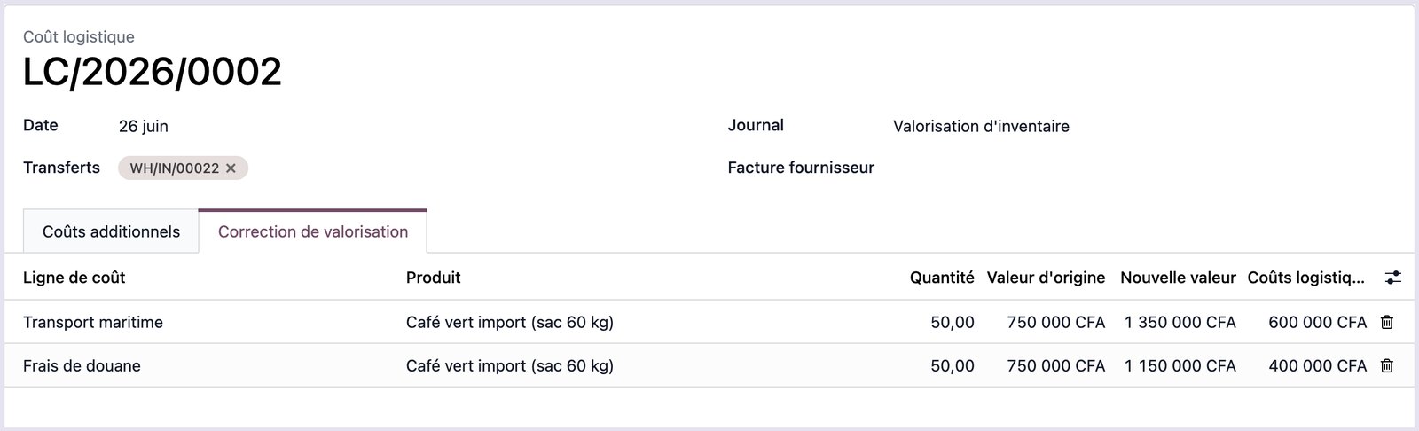 Correction de valorisation d'une fiche de frais d'approche dans Odoo