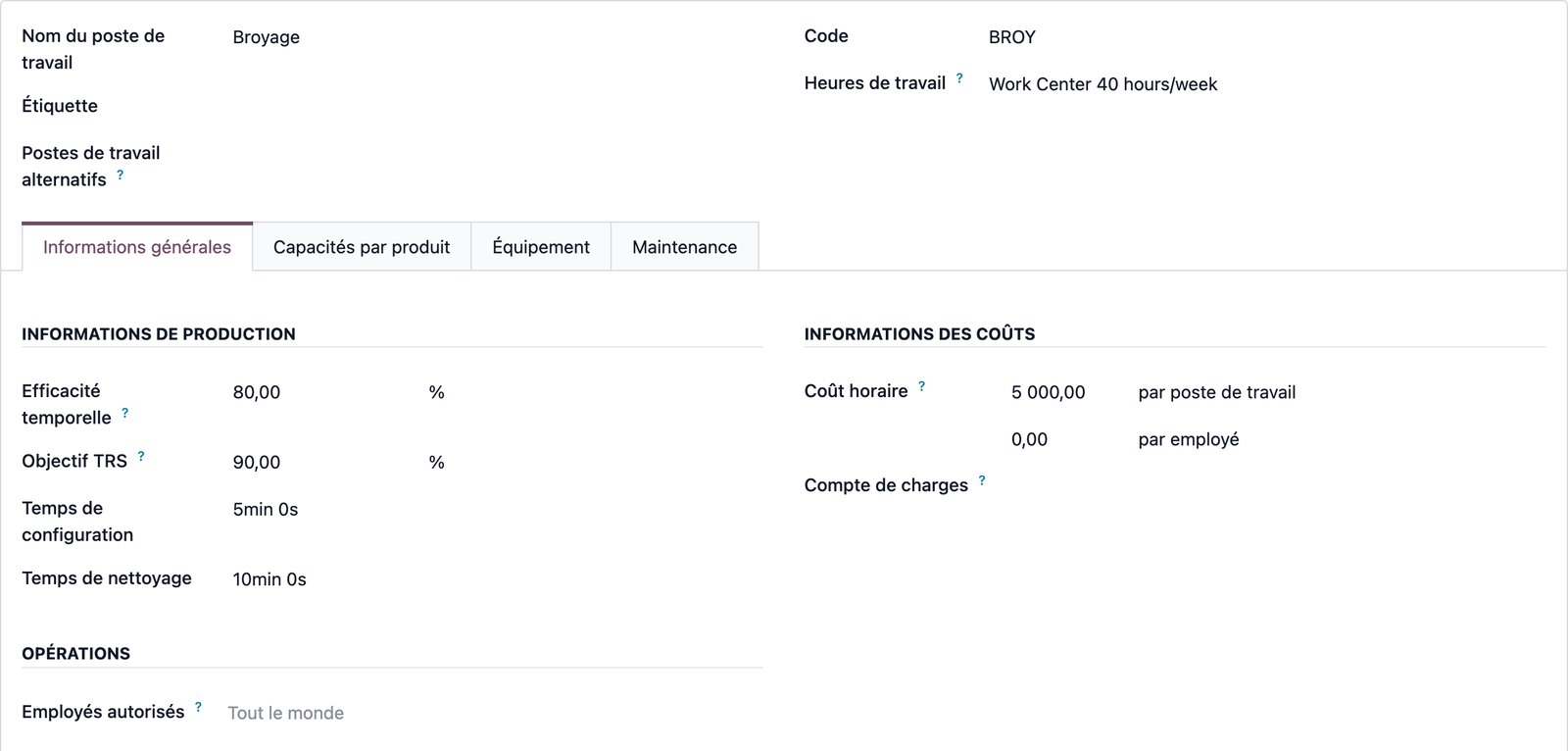 Work centre form in Odoo MRP
