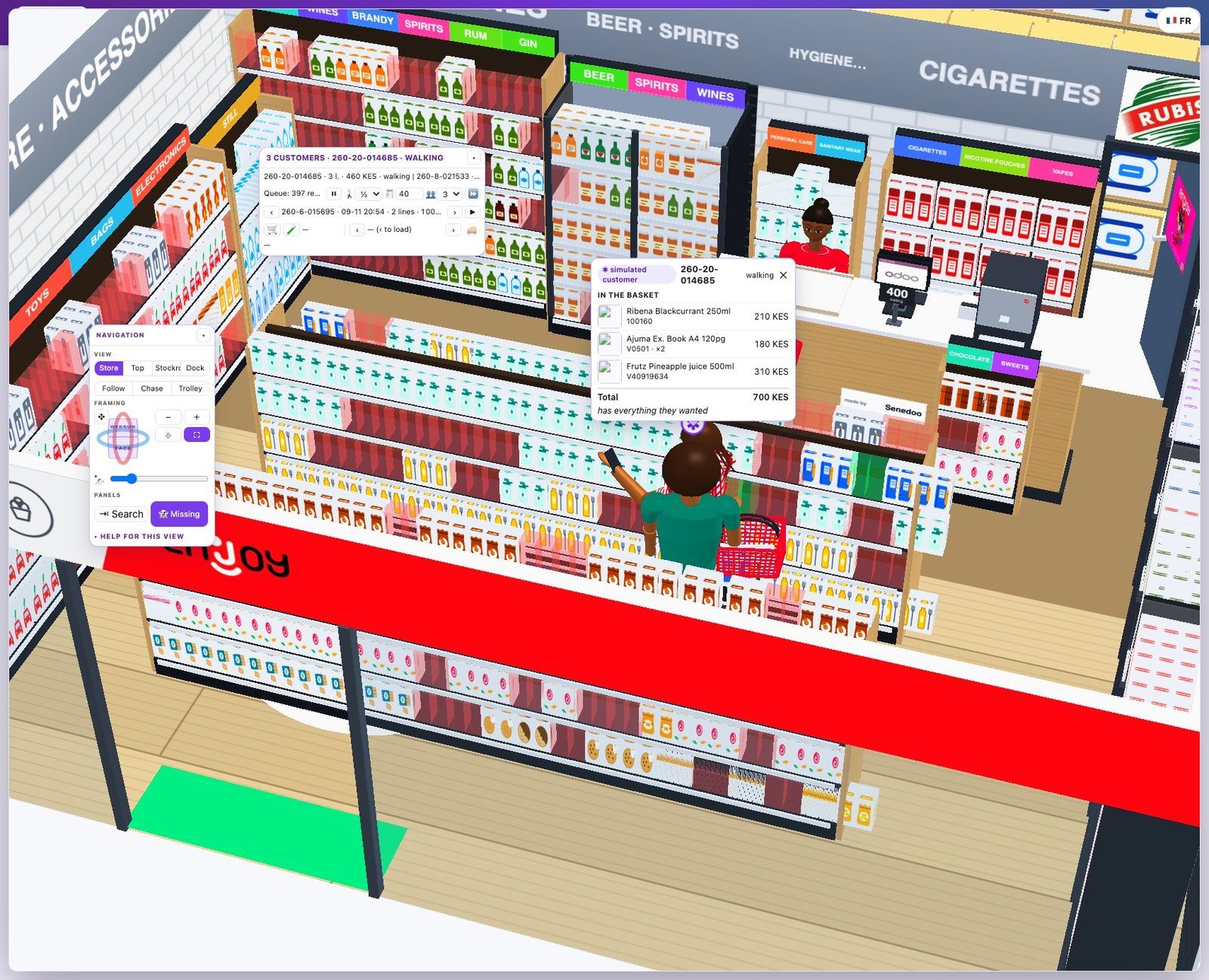 Un client fictif dans le magasin vivant — son panier, ses manques