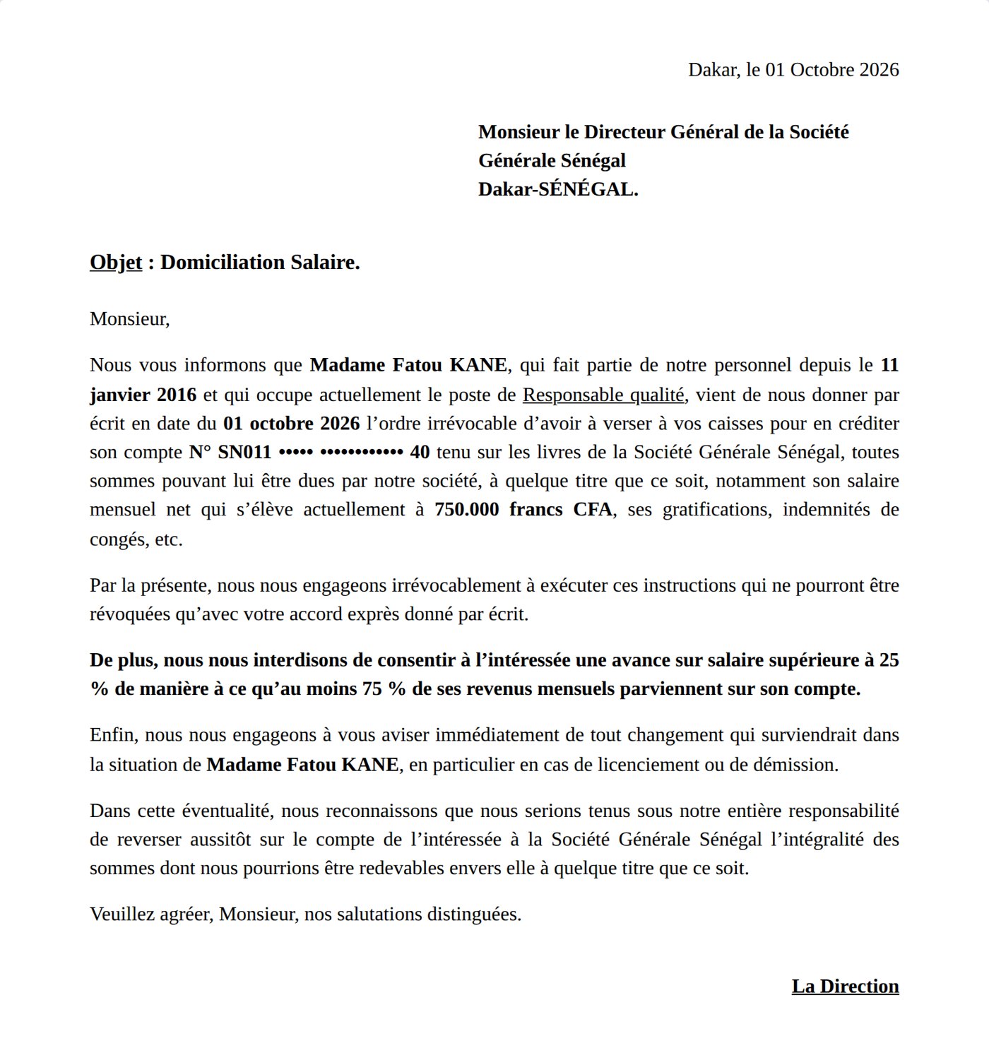 The salary assignment letter, addressed to the employee's bank