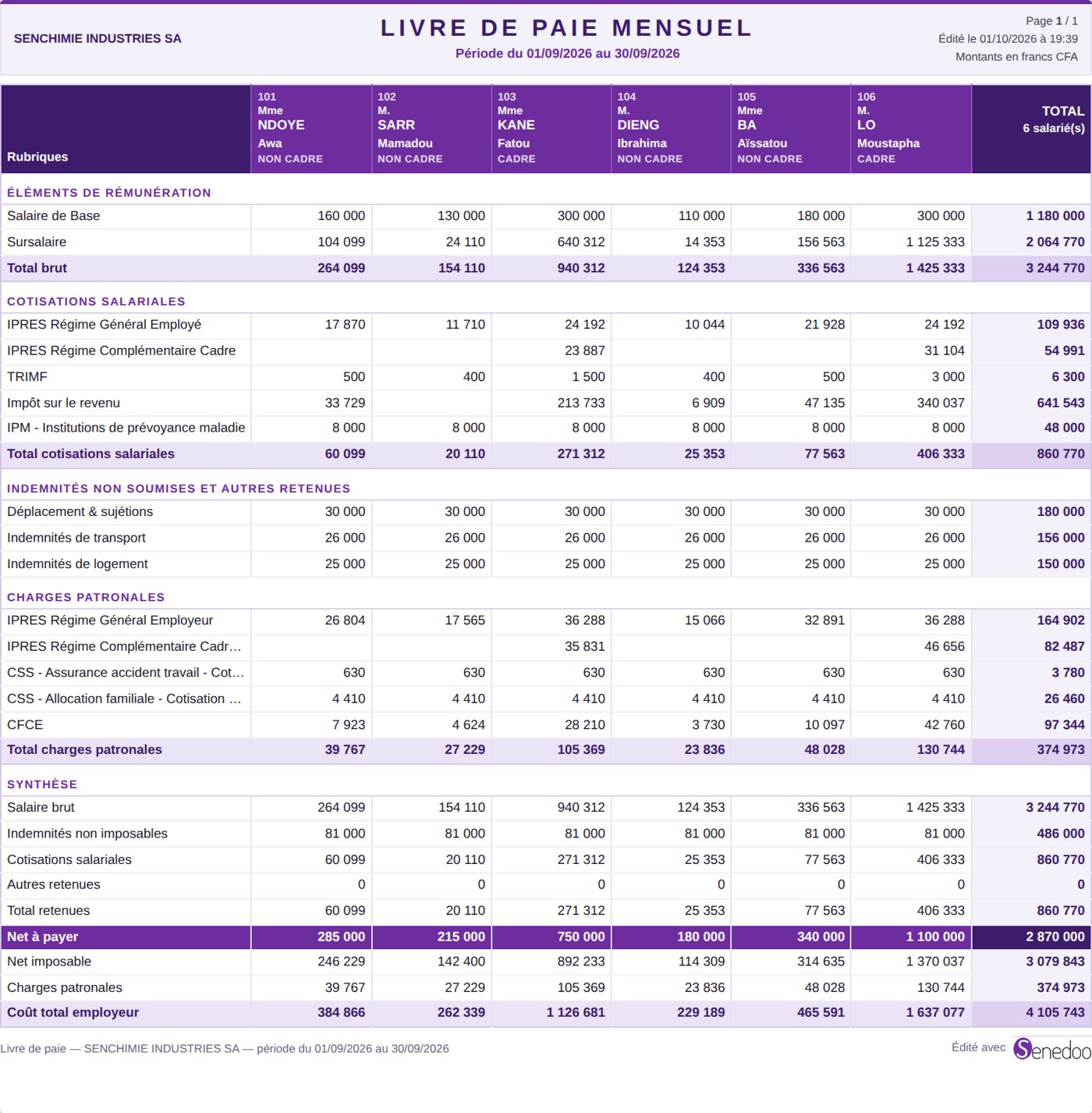 The monthly payroll ledger: managers and staff, employer contributions and total employer cost
