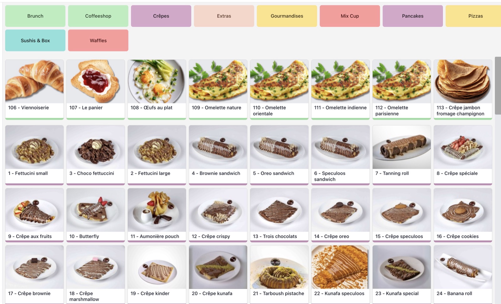 Sit n Dip, Dakar — la carte par famille : brunch, crêpes, pancakes, sushis