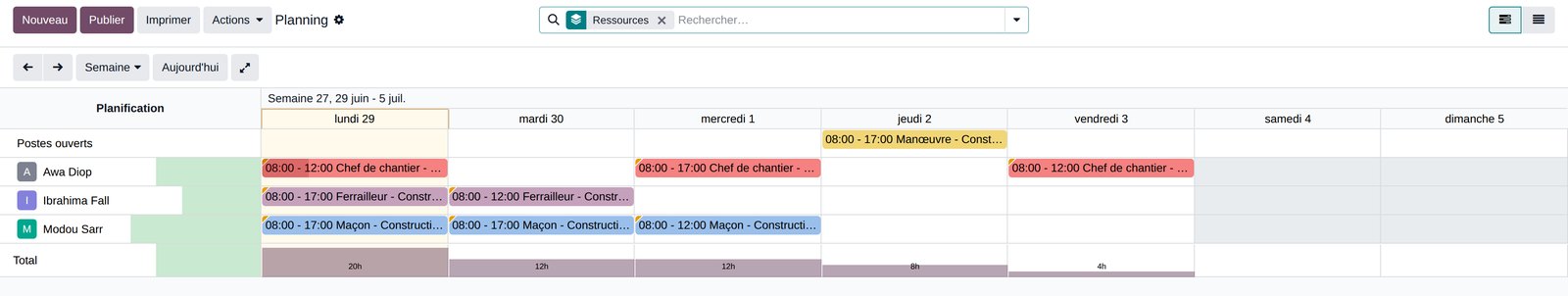 Planning hebdomadaire des créneaux dans Odoo