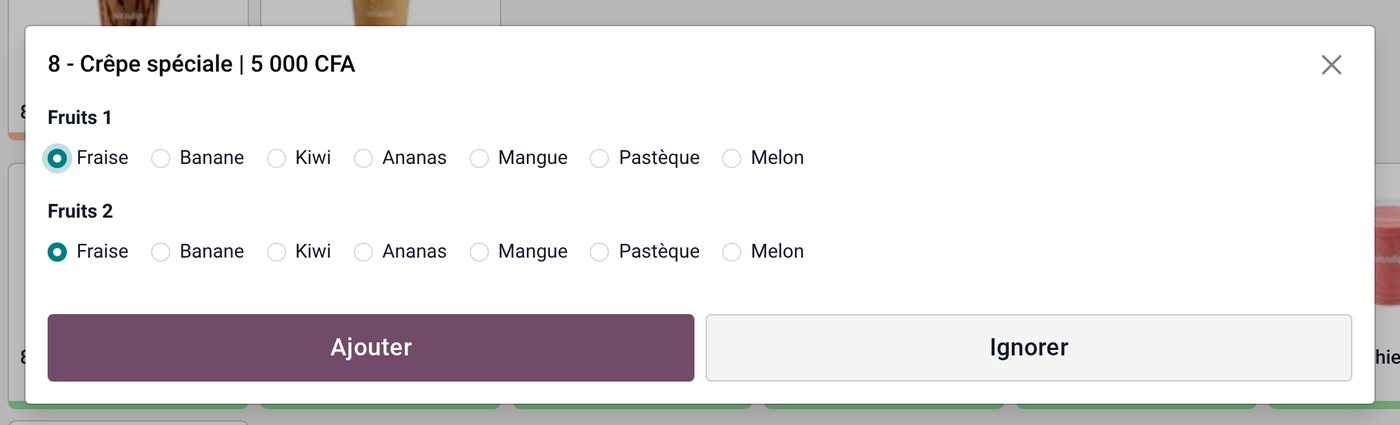 Une crêpe à options : la caissière choisit les deux fruits, Odoo les note sur le ticket et sur le bon de cuisine.