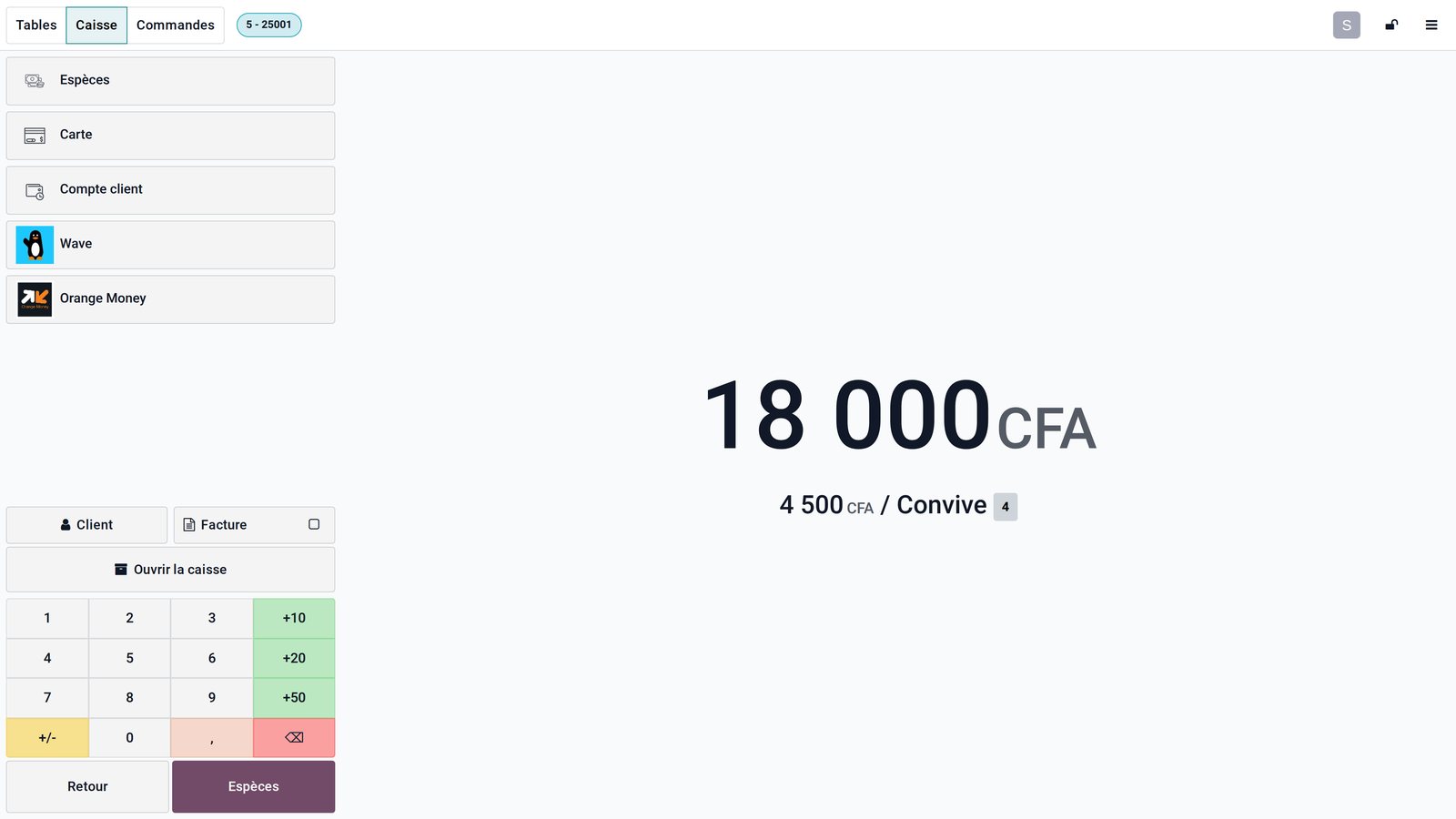 L'écran de paiement : Wave, Orange Money, carte, espèces ou compte client, et le montant par convive pour partager l'addition.