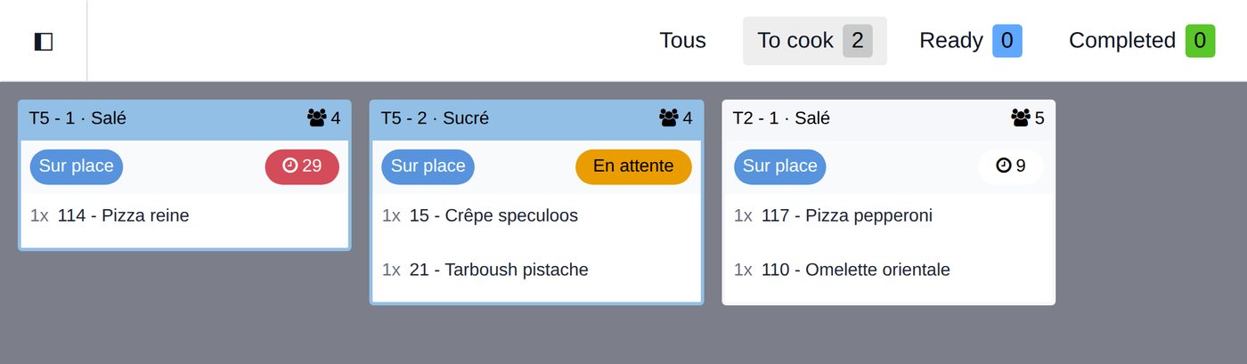 L'écran de cuisine : la pizza de la table 5 attend depuis 29 minutes et passe au rouge, le sucré de la même table attend son tour (« En attente »), la commande de la table 2 vient d'arriver.
