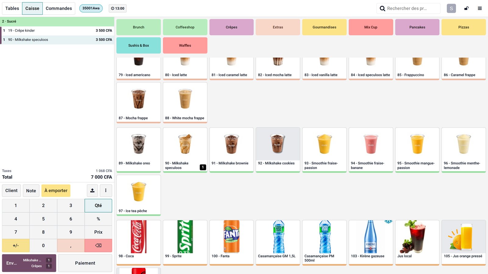 Awa's takeaway order for 1 pm: name and time at the top of the screen, the "Takeaway" mode under the order, and the kitchen ticket will carry both.