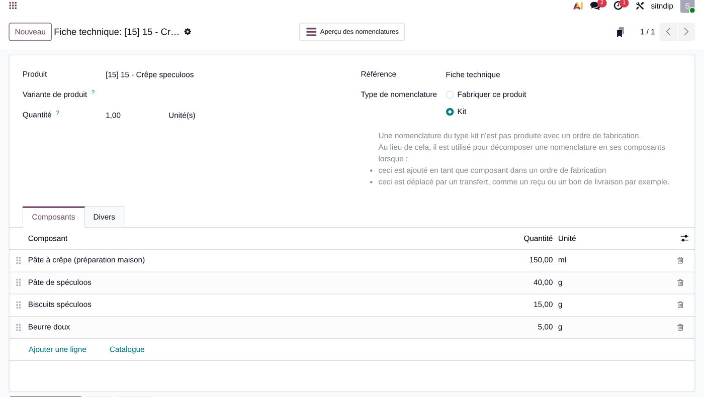 La fiche technique de la crêpe spéculoos dans Odoo : une nomenclature de type « kit », vendue à la caisse, qui déstocke ses quatre ingrédients.