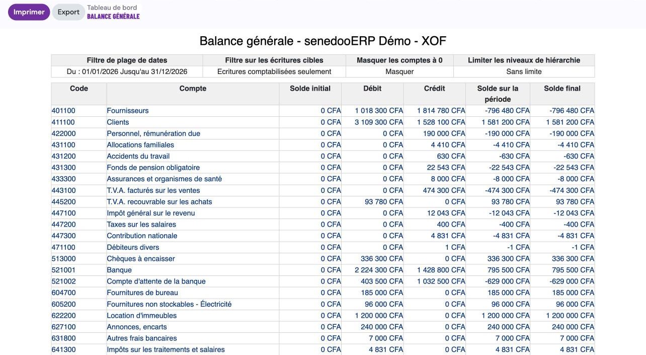 The trial balance on the OHADA chart, as PDF or Excel (demo database, fictitious data)