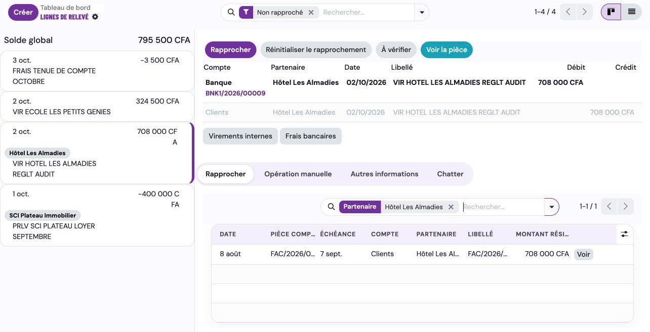 Bank reconciliation: the statement line against the invoice it settles (demo database, fictitious data)