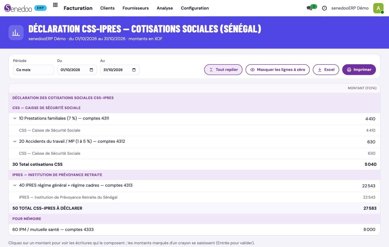 La déclaration CSS-IPRES remplie par l'écriture de paie, détail par organisme (base de démonstration, données fictives)