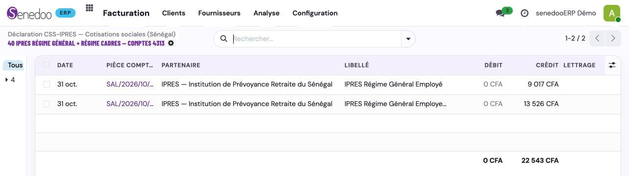 Un clic sur un montant : les écritures qui le composent (base de démonstration, données fictives)