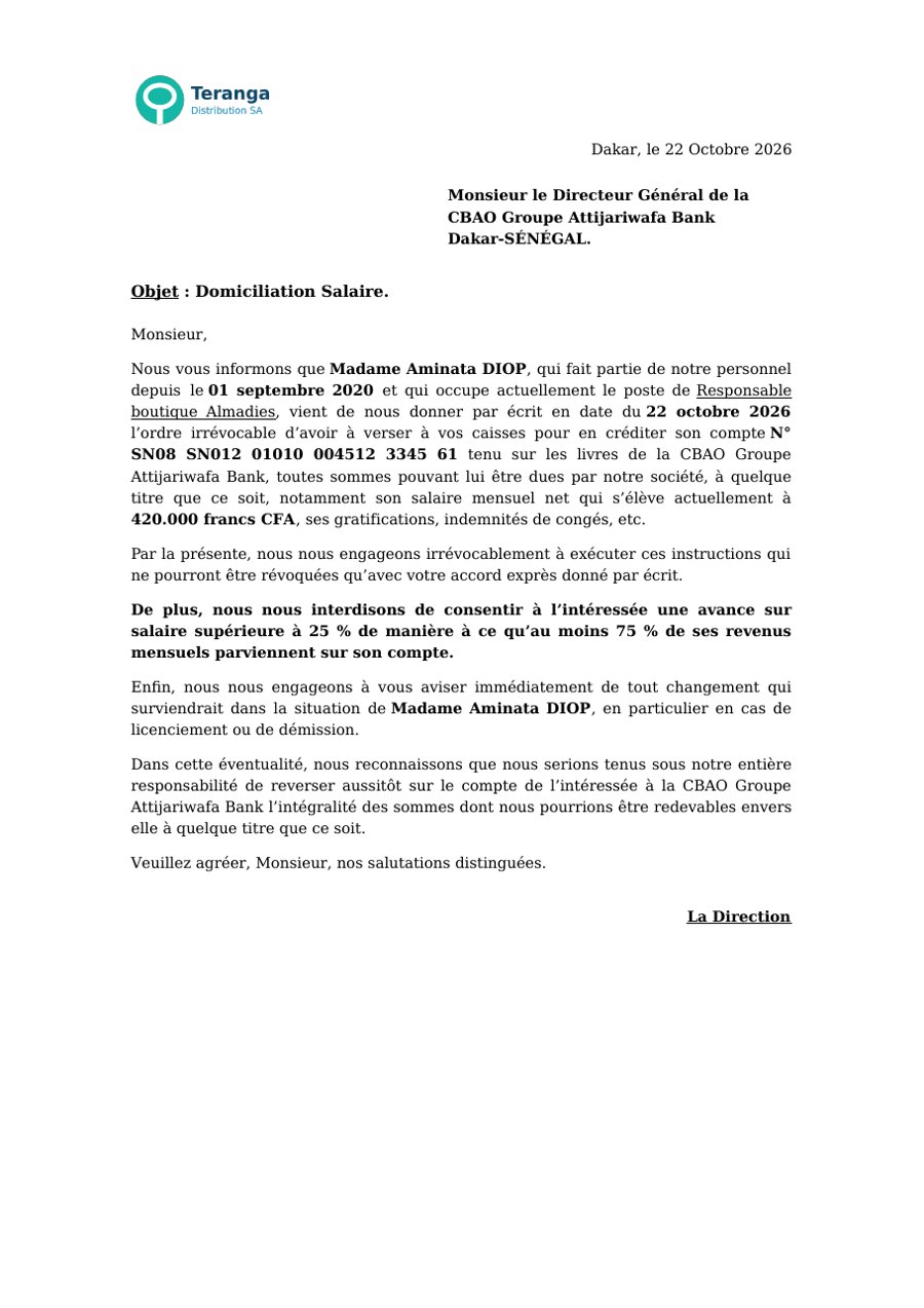 Salary assignment letter